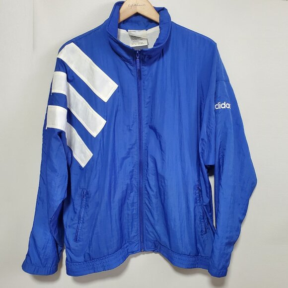 ADIDAS Vintage 90s Windbreaker Track Jacket Coat Nylon 3 Stripes Blue Mens Large - Picture 1 of 16